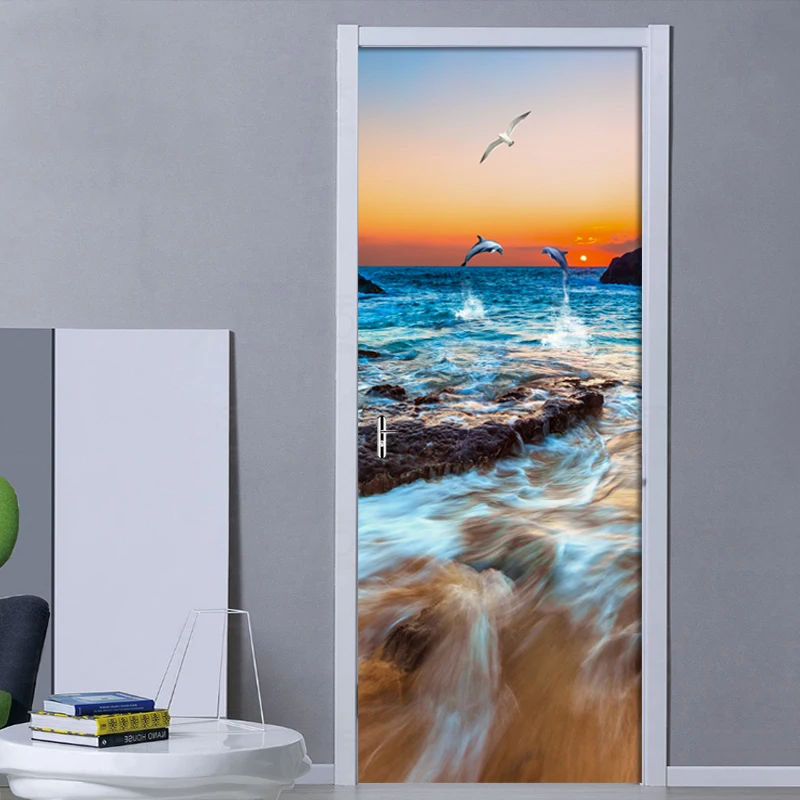 3D Sunset seascape Door Sticker Modern European Style Living Room Bedroom Door Decor Murals PVC Self-adhesive Wallpaper Decal