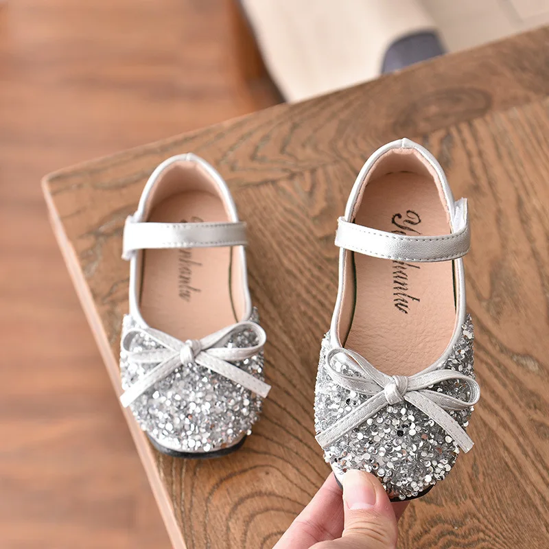 1 2 3 4 5 6 7 8 9 10 11 12 Year Old Baby Leather Shoes For Girls Fashion Glitter Children With Bow Shoes Spring Big Kids'Shoes