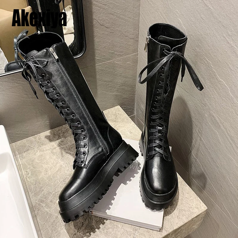 

Women Knee-High Boots Women's Fashion Shoes Woman Leather Lace up Ladies Chunky Heels Female Punk Rome Footwear u714