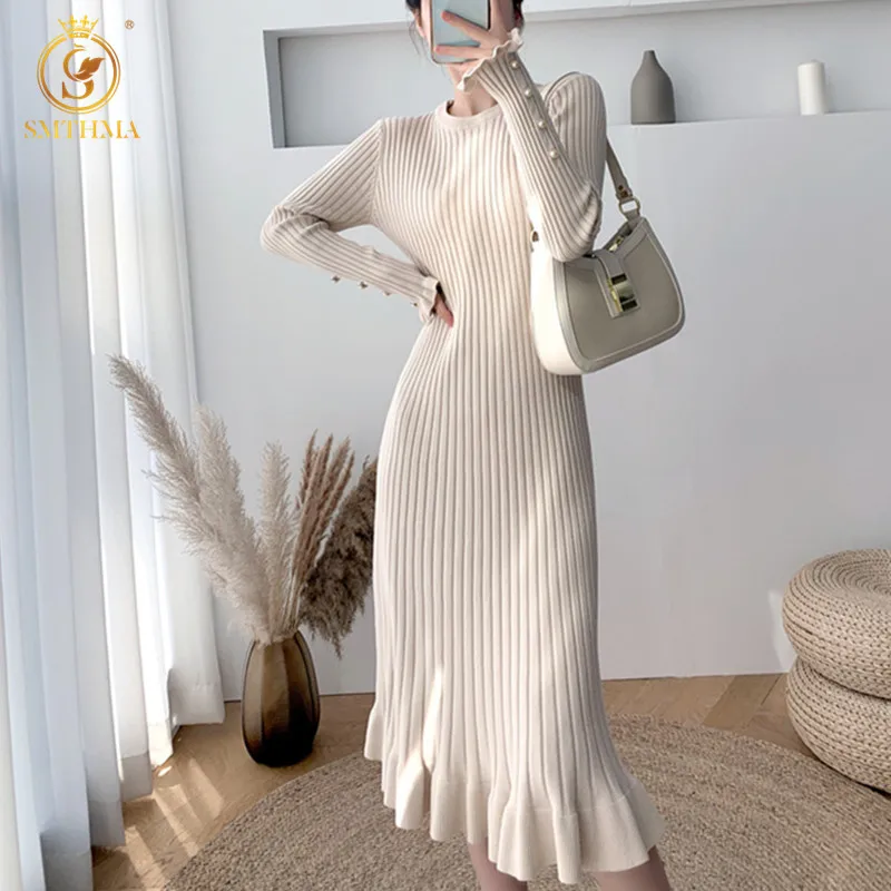 

SMTHMA 2022 New Autumn Winter Long Knit Women Sweater Dress Casual Fashion Pullover Midi Trumpet Mermaid Dresses