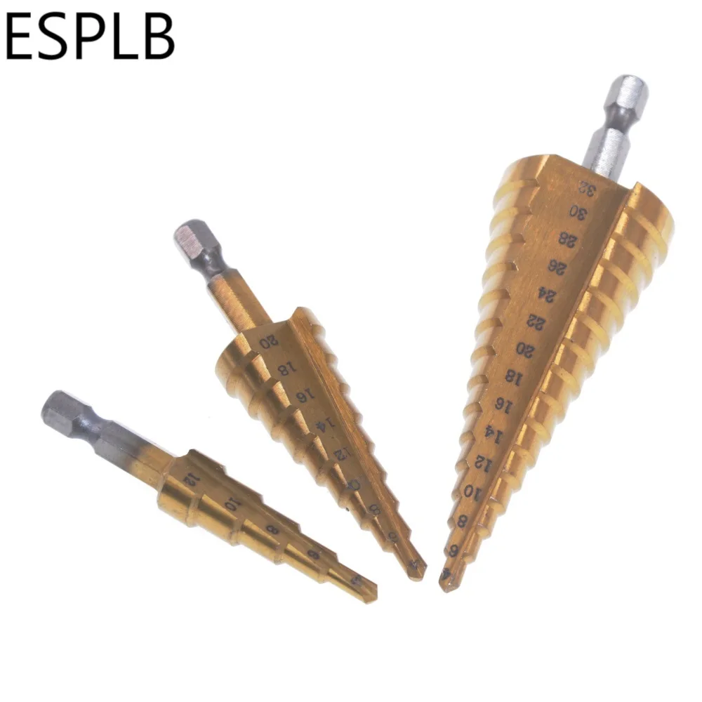 3-13 4-12 4-20 4-32mm Hexagonal HSS Titanium Coated Stepped Power Tools Drilling Bit Metal Wood Holder Cutter Drill Bit