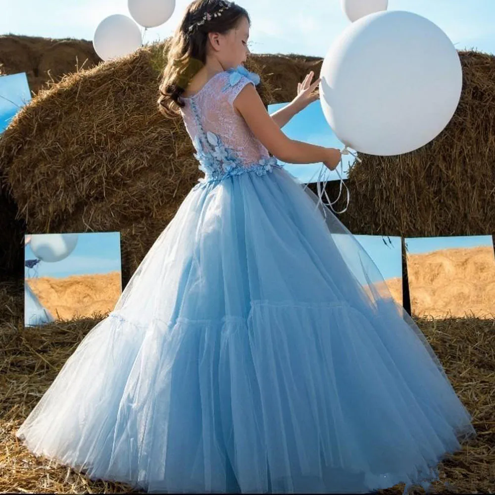 Robe à fleurs pour filles, col en v, avec ceinture, en Tulle, pour première Communion, bal de promo, princesse, robes de fête