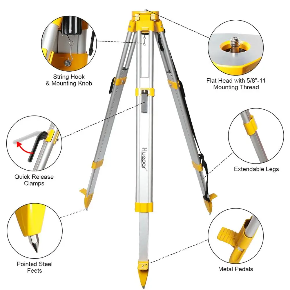 Imagem -03 - Huepar-tripé Pesado Profissional Empreiteiro de Cabeça Chata 1.65m 65 Alumínio Nível Óptico Automático Laser Rotativo