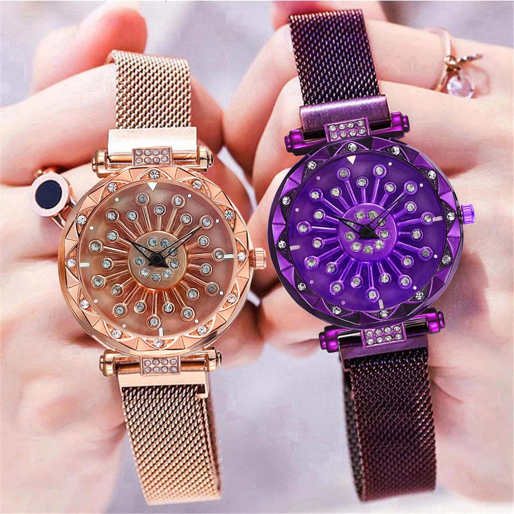 

2020 Reloj Mujer Creative Whirling Women Watches Magnet Buckle Rotating DIamond Dial Quatrz Wristwatch Ladies Watches Best Gifts