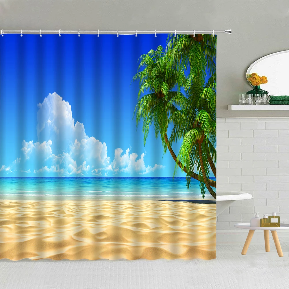 

Green Tropical Plants Shower Curtain Sea View Beach Bath Screen Fabric Bathroom Supplies With Hooks Cloth Curtains Indoor Decor