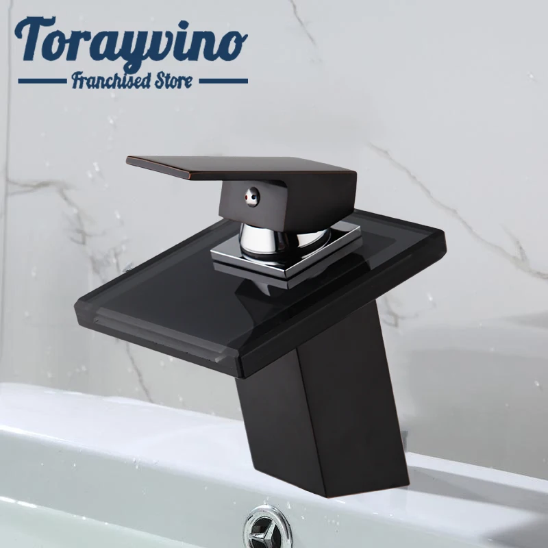 

waterfall basin faucet deck mounted bathroom sink faucets Brass & glass faucets black torneiras pretas hot & cold mixer taps