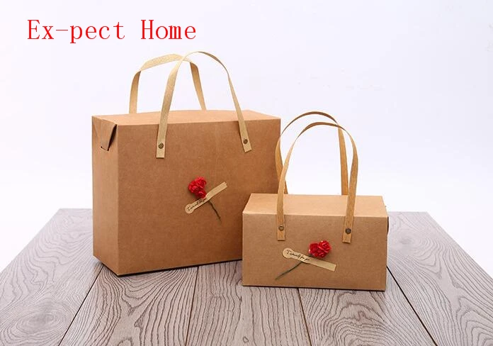 

100pcs Vintage Kraft Paper Gift Box Portable Handle Macaron Bakery Cake Boxes Food Packaging Box