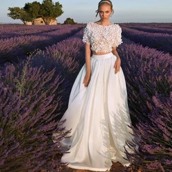 Boho Two Pieces Wedding Dress O-neck 3D Lace Appliques Chiffon Short Sleeve Country Vestido Bridal Gowns Floor Length Customized