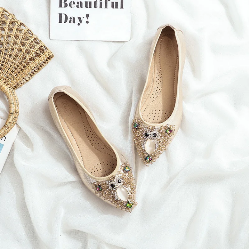 2023 New Women Summer Shoes Pointed Toe Rhinestone Flowers Flat Shoes Woman Soft Large Size Foldable Ballet Women Flats  WSH2550