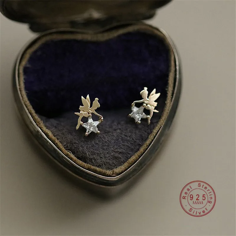 

HI MAN Korean INS Shiny Zircon Star Elf S925 Sterling Silver Stud Earrings Women Lucky Charm Banquet Jewelry