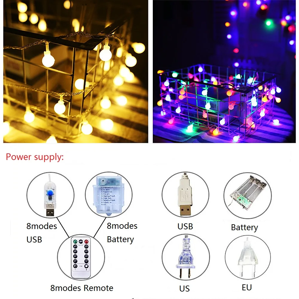 LED Ball String Light 3/6/10/12M Garland Waterproof Globe Bulbs Fairy Lighting Lamps Decorative USB/Battery/Remotr/Solar/EU/US