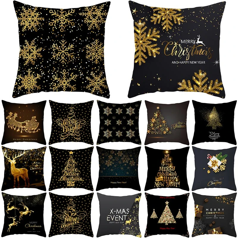 1Pcs Golden Christmas Tree Deer Santa Claus Pattern 45*45cm Polyester Cushion Cover Decorative Sofa Home Decor Pillowcover 40992