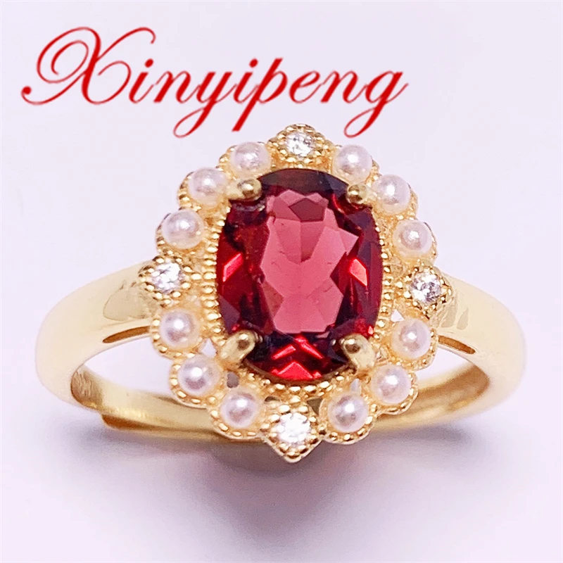 

Xin Yipeng Fine Gem Jewelry Real S925 Sterling Silver Plated Yellow Gold Inlaid Natural Garnet Ring Wedding Party Gift for Women