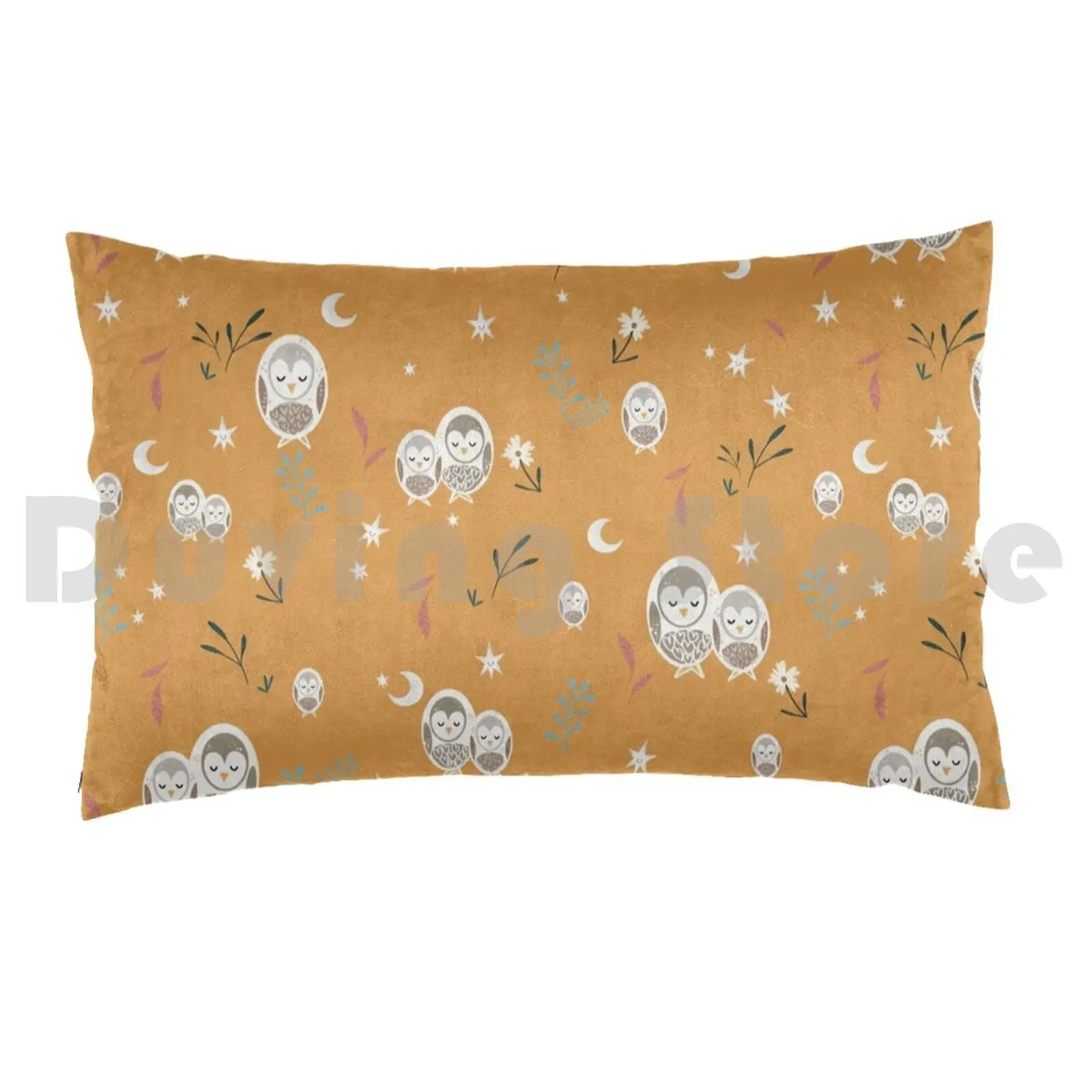 Colorful Owls And Feathers On Trending Mustard Yellow In Scandi StylePillow case Owl Owl Little Owl