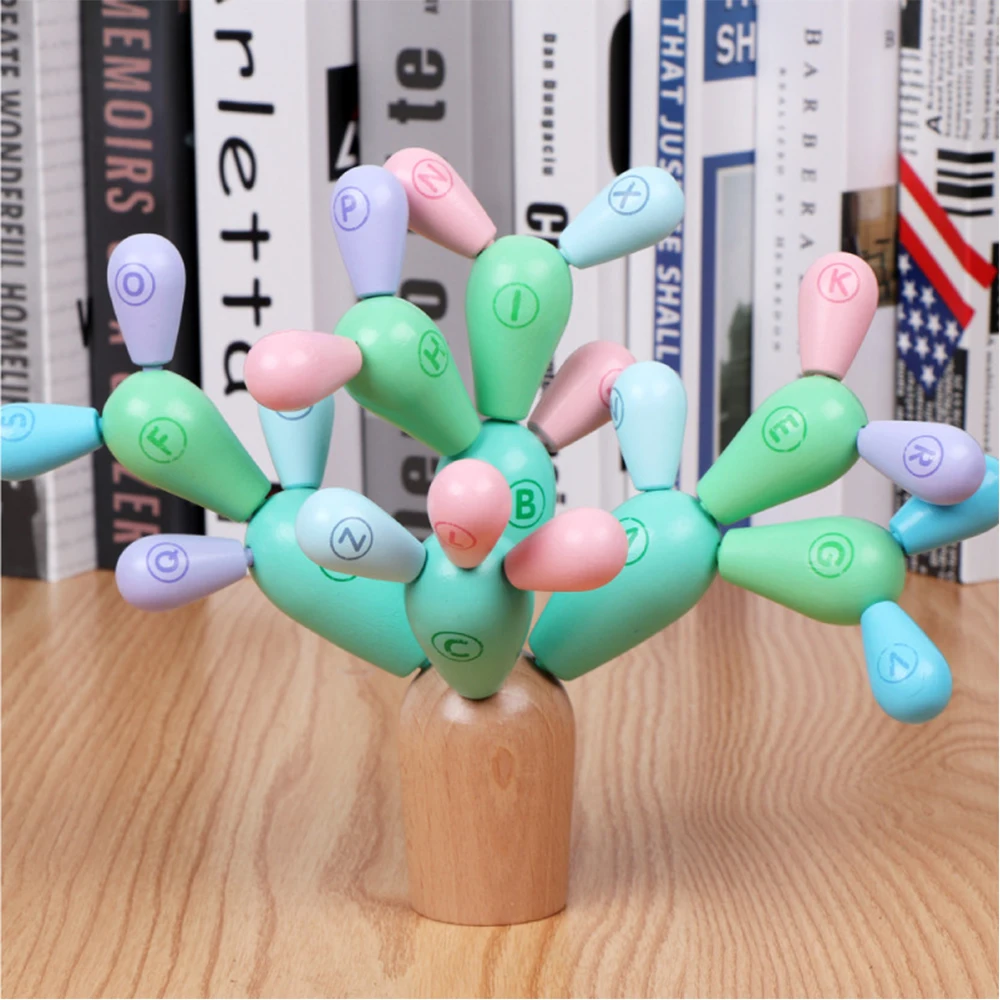 Wooden Cactus Shape Building Blocks Creative Spelling Insert Toy Set for Kids Children Educational Early Learning Alphabet DIY