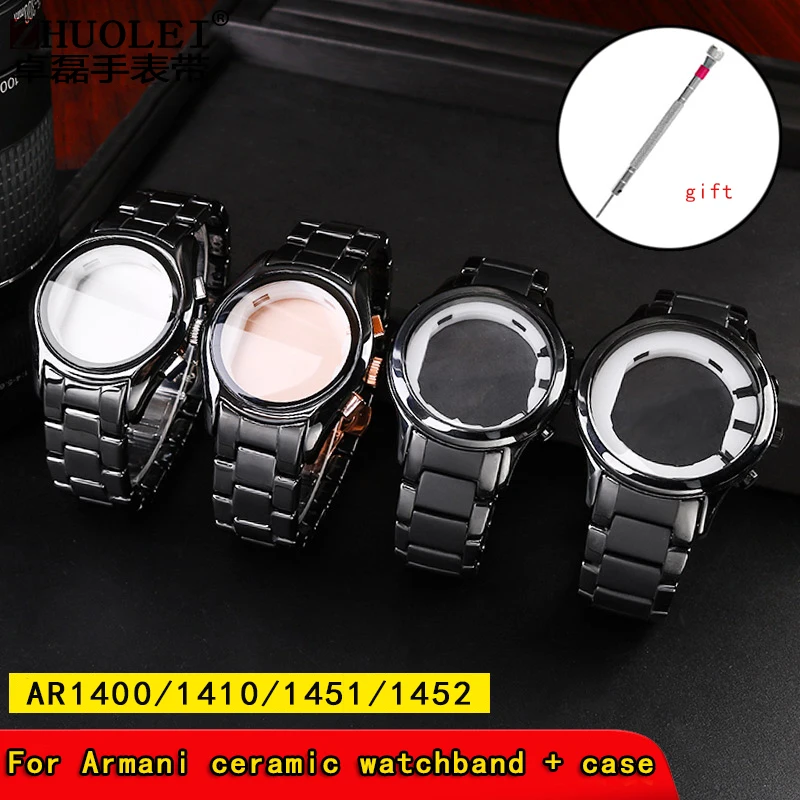 For Armani AR1452 AR1451 AR1410 AR1400 Ceramic watchband and case High Quality Black men Strap Bracelet Accessories 22mm 24mm