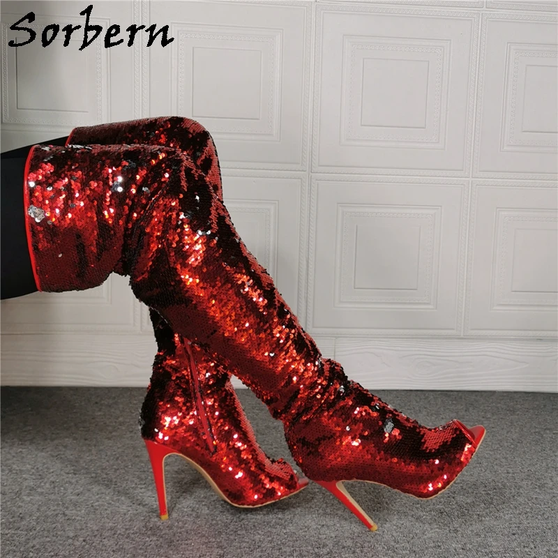 Sorbern Red Silver Sequins Boots Women Over The Knee Custom Thigh High Stilettos Party Boots Females Open Toe Custom Leg Size