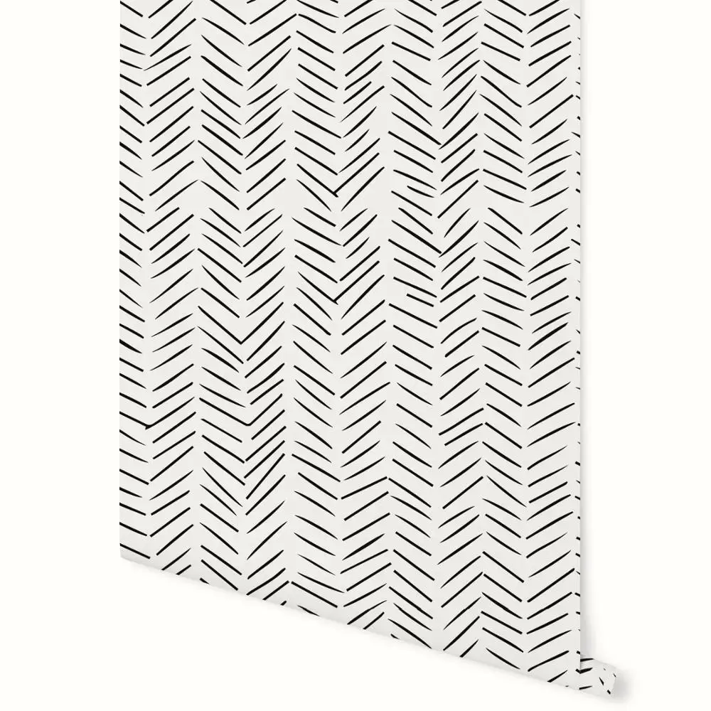 

Modern delicate herringbone wallpaper in black and white, Scandinavian design, Minimalist Chevron removable non-woven wallpaper