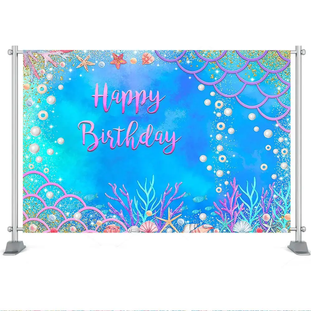 바다 아래 인어 배경, 소녀 생일 파티 장식 진주와 골드 반짝이 산호 파란색 배경