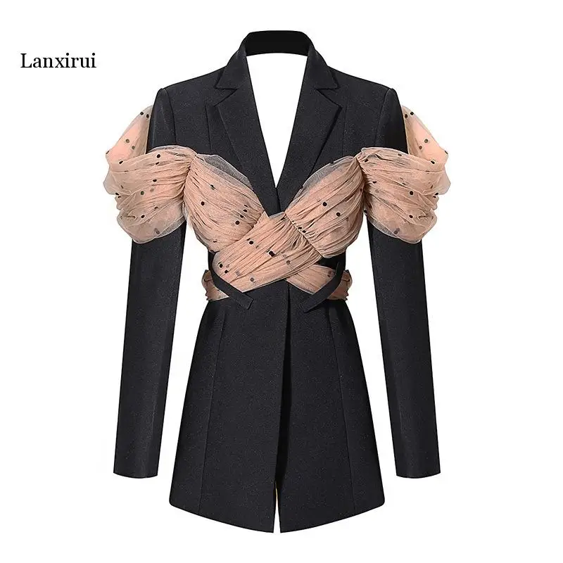 

Patchwork Embroidery Lace Blazer For Women Notched Collar Long Sleeve Tunic Casual Coats Female 2021 Autumn Fashion