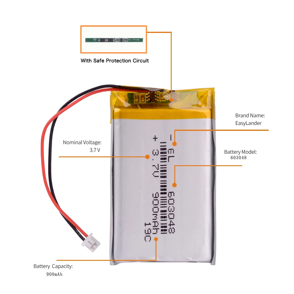 JST 1.25mm 2pin złącze 3.7V 900mAh litowo-polimerowa LiPo akumulator 603048 do kamera bluetooth Mp3 MP4 GPS