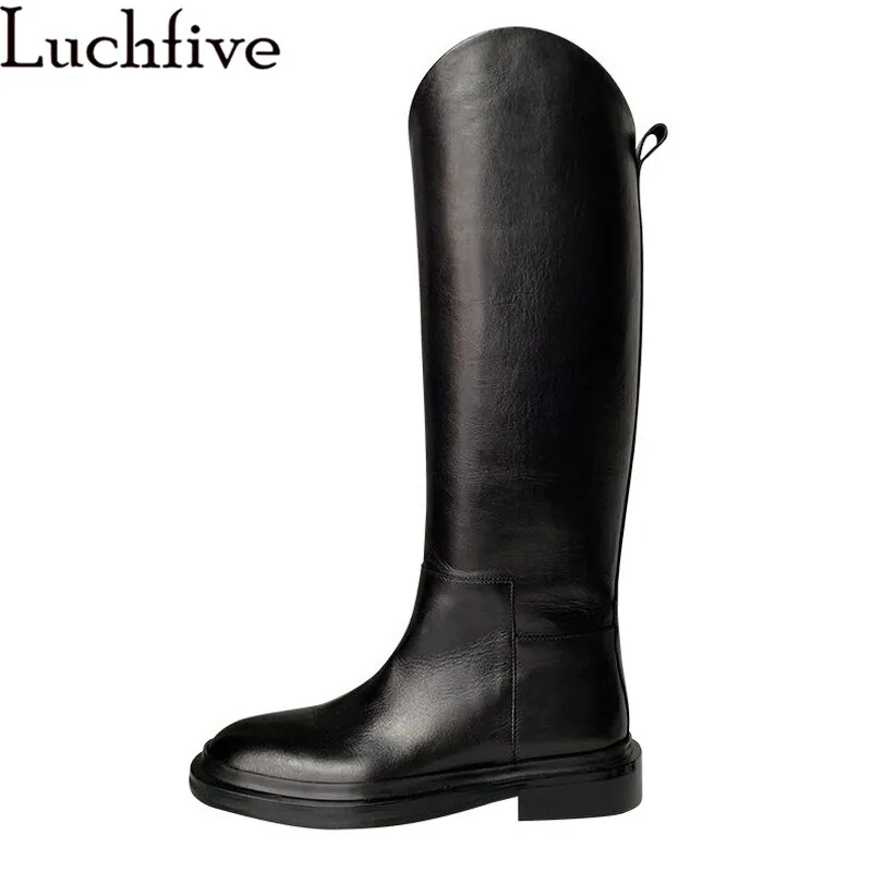 

New Dewina Western Knee high boots for women Black Genuine leather Flat Sole Long boots Winter Cowboy Knight Boots botas mujer