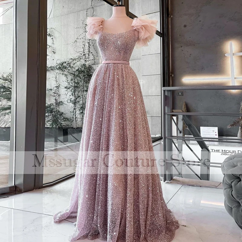 2021 Elegant Pink Evening Dresses Sparkly Sequin Prom Party Gowns for Women Vestidos De Novia