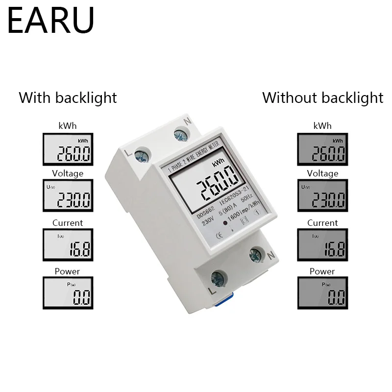 Din-rail Power Energy Meter 5-80A LCD Backlight Digital Display Single Phase Electronic Energy KWh Meter Voltmeter Ammeter Volt