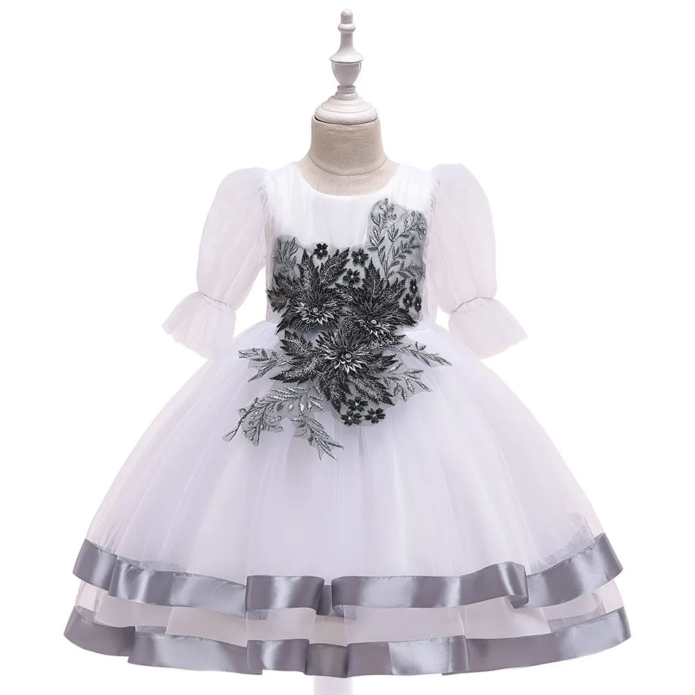 2021 New Mesh Embroidered Princess Dress Bubble Sleeve Flower Wedding Dress Piano Table Performance Dress