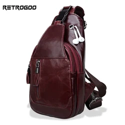 Retrogoo bolsa de peito masculina de couro legítimo, bolsa de ombro casual multifuncional de couro de vaca à prova d'água