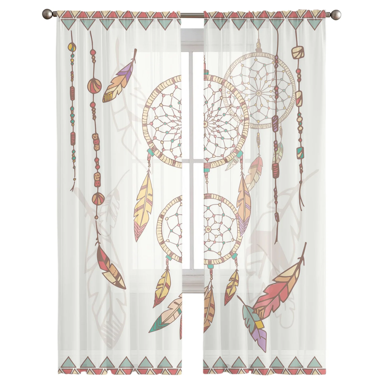 Indian Colored Dream Catcher Feathers Tulle Sheer Window Curtains for Living Room Kitchen Children Bedroom Voile Hanging Curtain