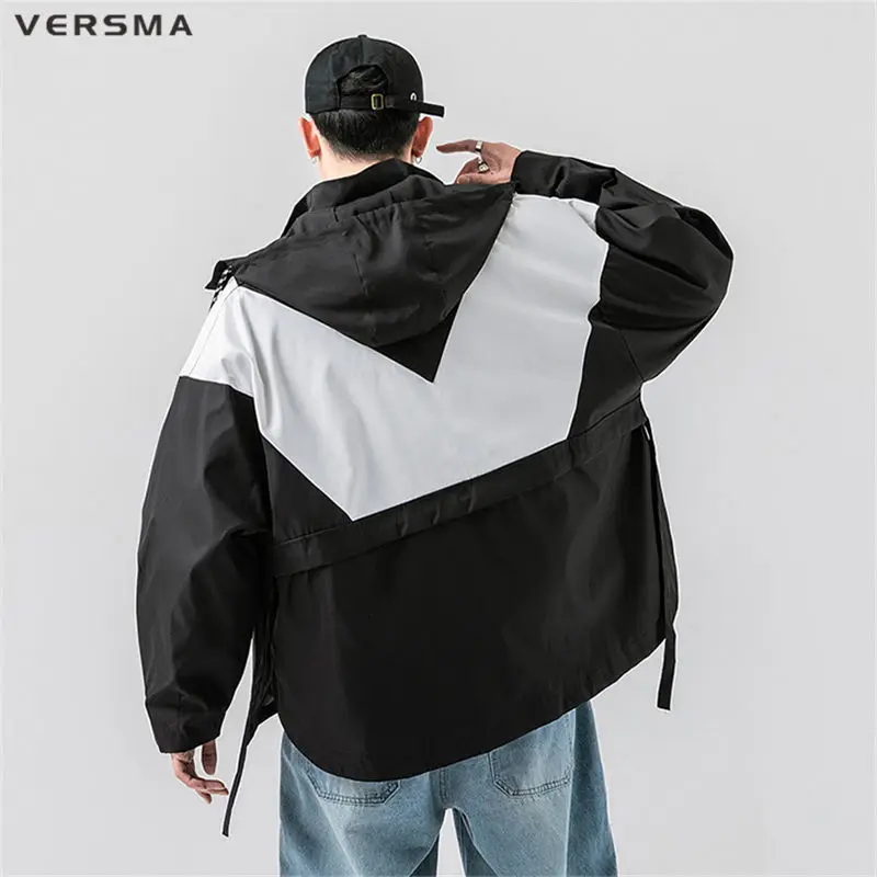 VERSMA Jaket Retro Warna Kontras Kasual Jepang Mantel Pria Hip Hop Pakaian Jalanan Remaja Longgar Tudung Penahan Angin untuk Pria Dropshipping