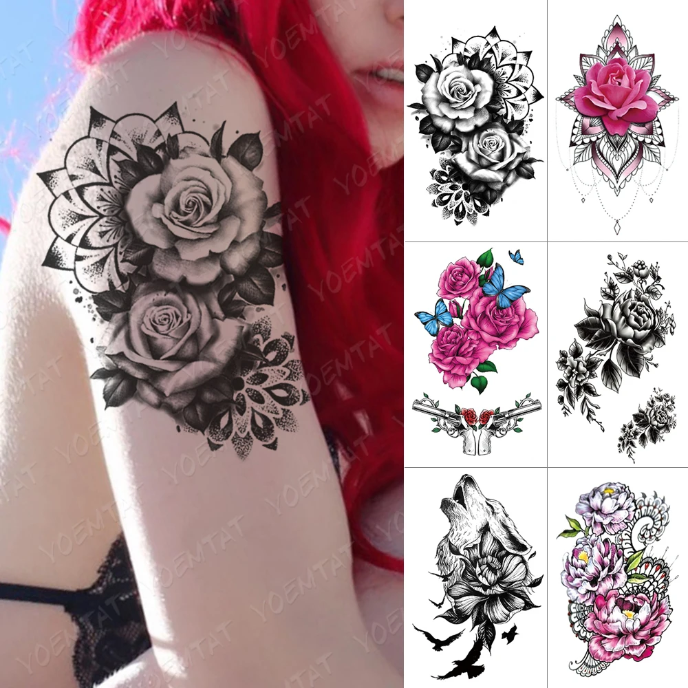 

Waterproof Temporary Tattoo Sticker Rose Wolf Flower Flash Tattoos Bird Pink Mandala Henna Body Art Arm Fake Tatoo Women Men