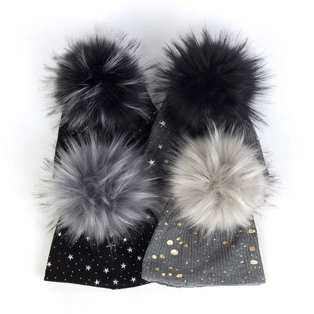 Newborn Cotton Gold Splatter Paint Ribbed Unisex Beanies Hats Baby Girls Cut Star Print Striped With Faux Fur Pom Pom Caps