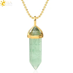 CSJA Natural Stone Green Fluorite Pendants Necklaces Gold-color Hexagonal Prism Two Pointed Crystal Necklace Female Jewelry G461