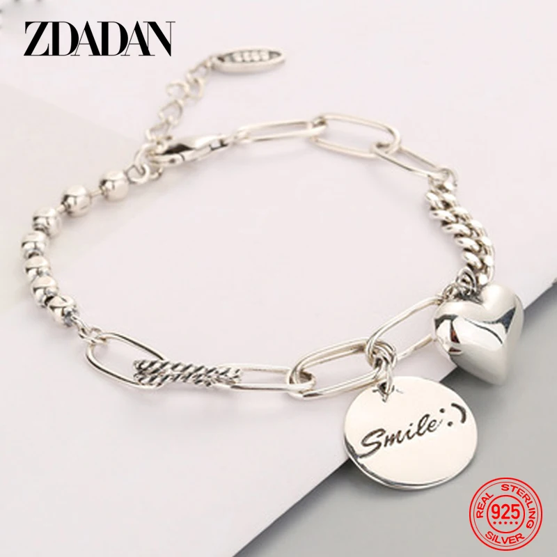 ZDADAN 925 Sterling Silver Round Heart Bracelet Link Chain For Women Party Jewelry Gift