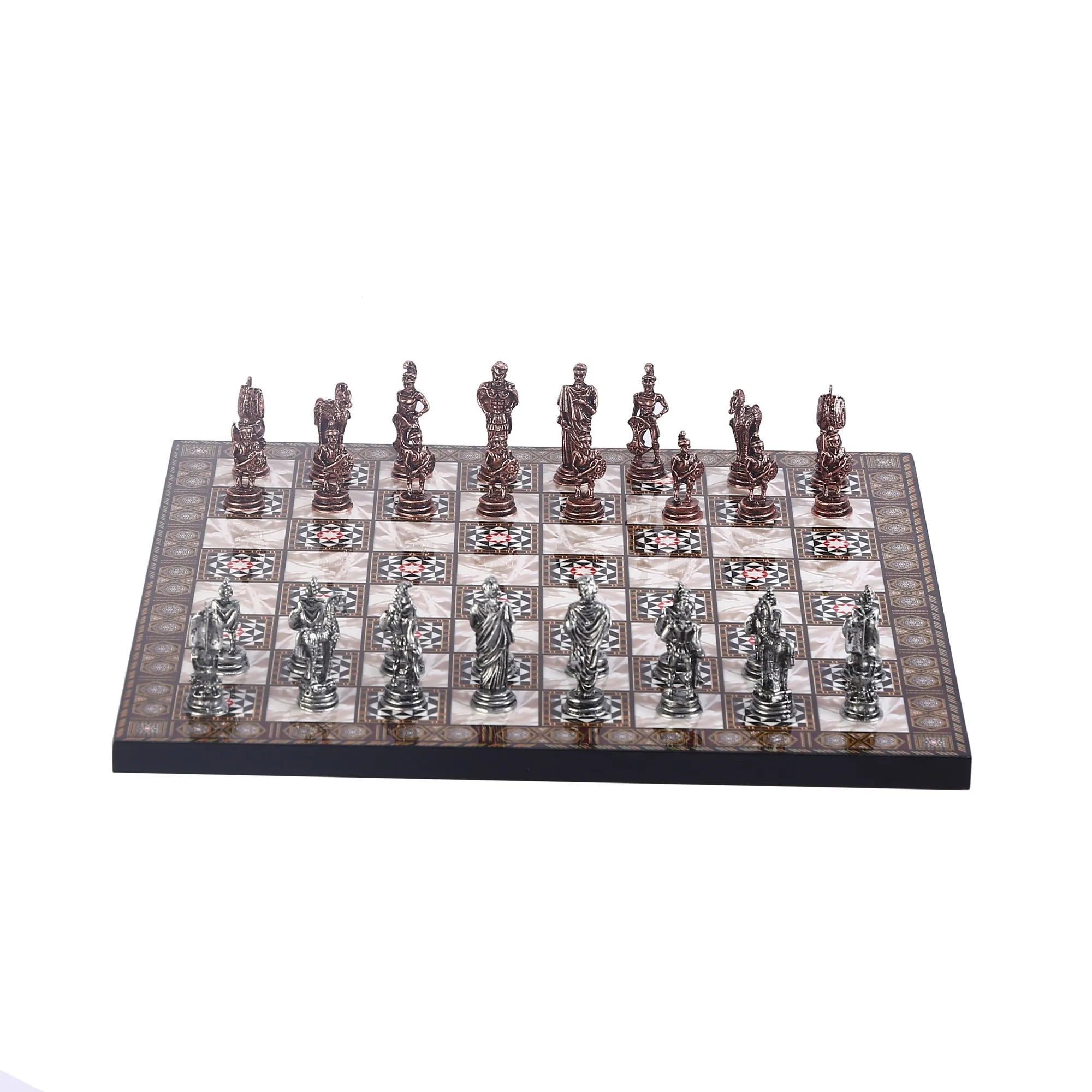 Antique Copper Troy Figures Metal Chess Set for Adults, handmade Pieces and Mosaic Design Wooden Chess Board Small Size King 5cm