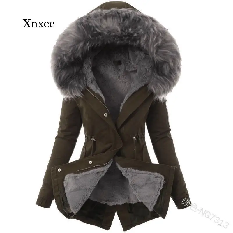 

New Style Ladies Warm Winter Jacket Down Cotton Hooded Fur Collar Solid Color Warm Cotton Jacket