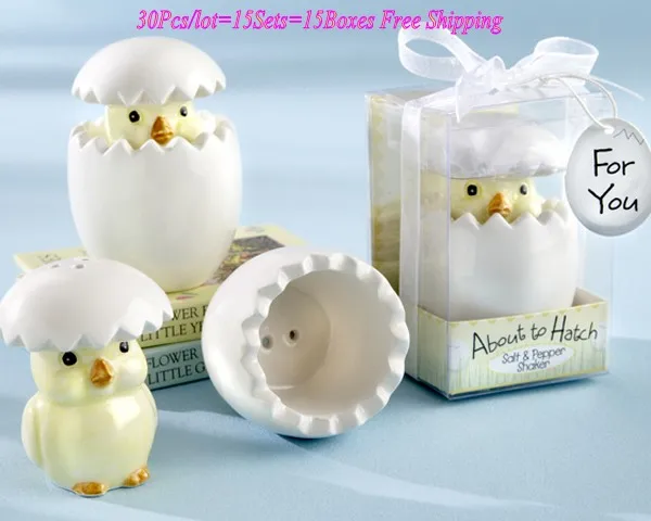 

(30Pcs/lot=15Sets) Unique Baby Birthday Gift Favors About to Hatch Baby Chick Salt & Pepper Shakers For Baby Shower souvenirs