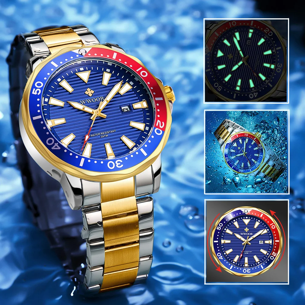 WWOOR 2024 New Luxury Military Gold Watch Mens Sports Diver Quartz 30ATM Waterproof Luminous Date Wristwatches Relogio Masculino