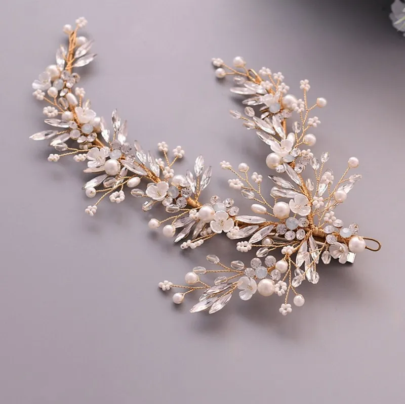 Pinza de pelo nupcial de cristal para mujer, joyería de perlas de corona, tocado de boda Floral hecho a mano, tocado de fiesta, Color dorado y plateado