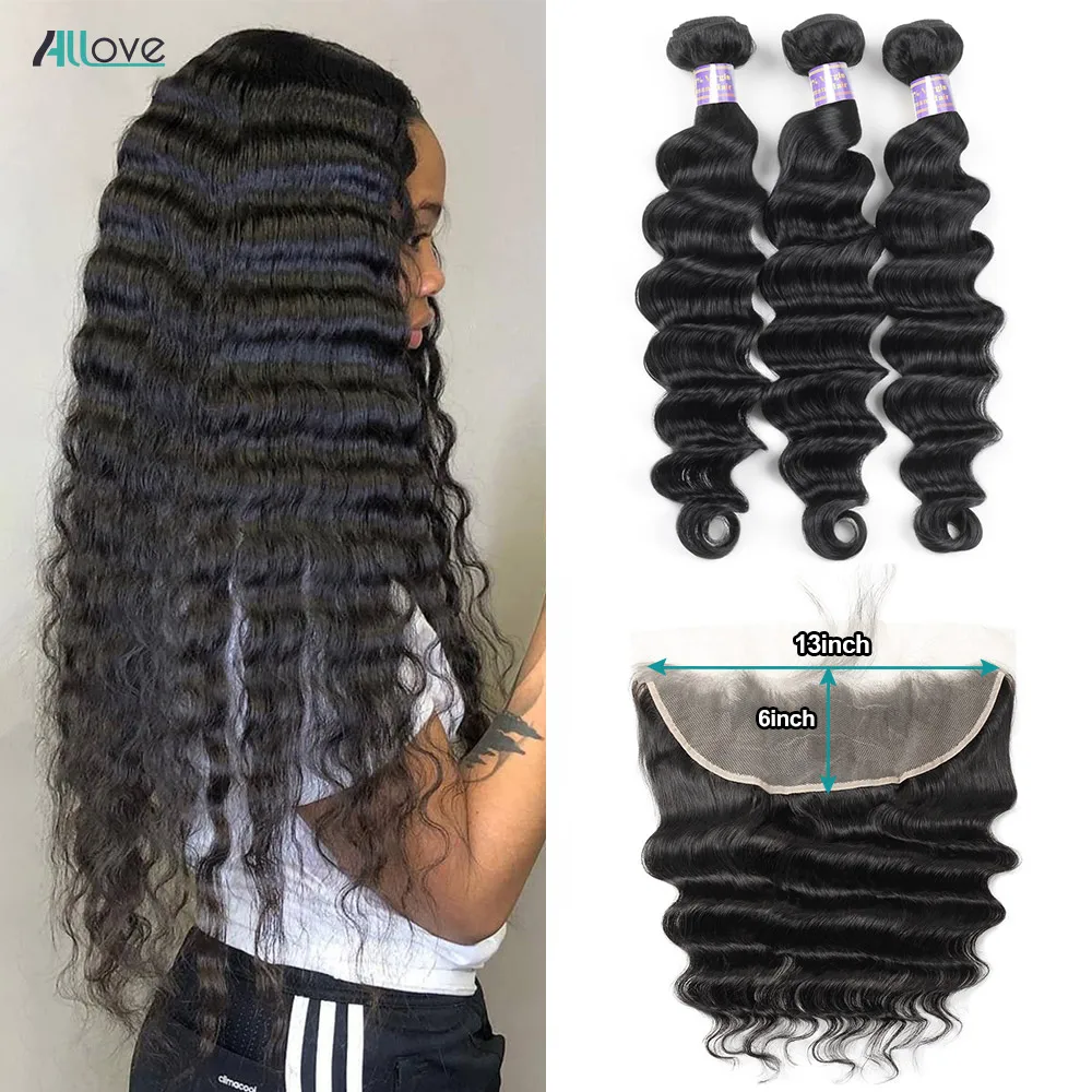 Pacotes de ondas profundas soltas brasileiras com fechamento de renda, transparente Lace Frontal, Remy, 3 Pacotes, 13x6