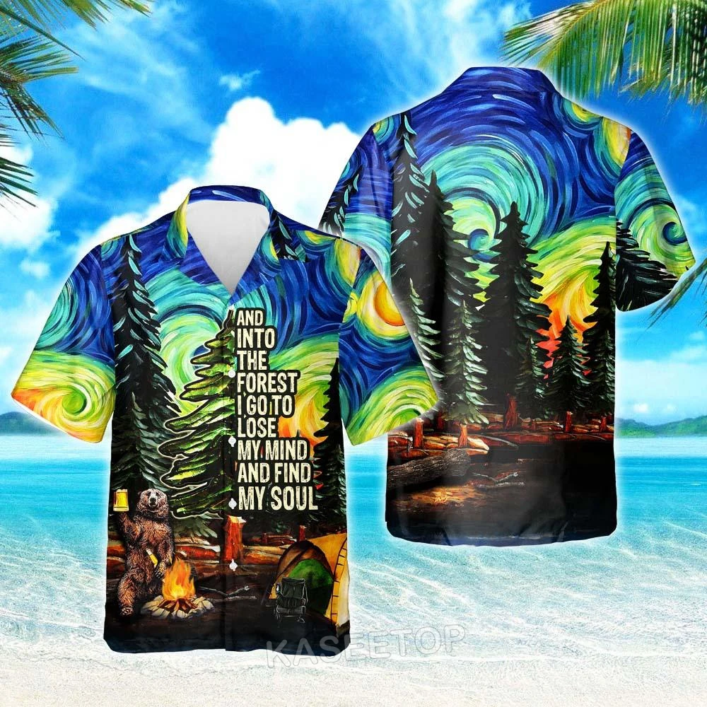 Mens Beach Camping Starry Night Shirt Aloha 3D Print Hawaiian Shirt Casual T Shirt Button Wild Blouses Oversize Streetwear Tops