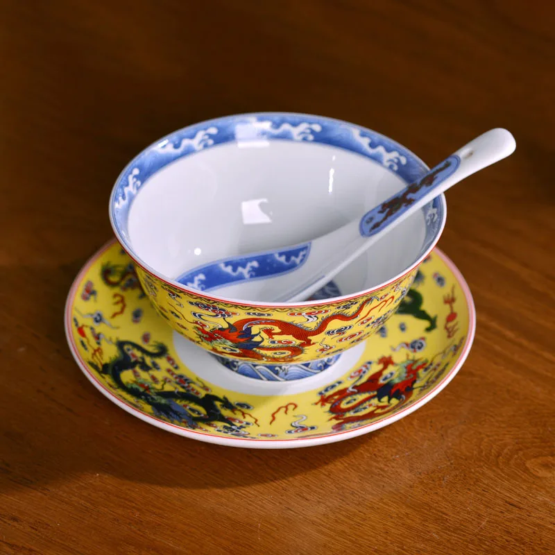 Jingdezhen Ceramic Rice Bowl Bone China Dinnerware Big Bowl Ramen Soup Bowls Chinese Luxury Dragon Pattern Kitchen Tableware Art