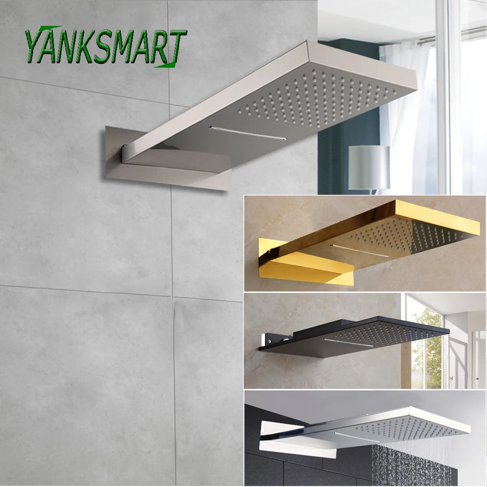 YANKSMART Rectangle Rainfall & Waterfall Shower Head Faucet Wall Mount Shower Nozzle Bathroom Rain Shower Spray Mixer Water Tap