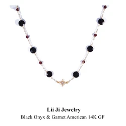 Lii Ji American 14K Gold Filled Choker Chain Black Agate/Onyx Red Garnet Zircon Snowflake Handmade Necklace 36cm+5cm