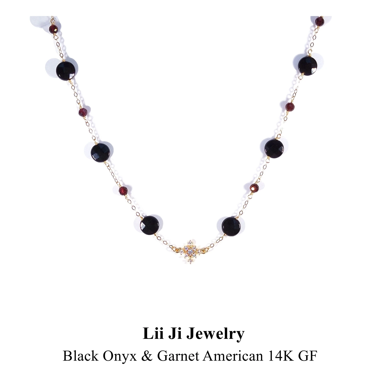 Lii Ji American 14K Gold Filled Choker Chain Black Agate/Onyx Red Garnet Zircon Snowflake Handmade Necklace 36cm+5cm
