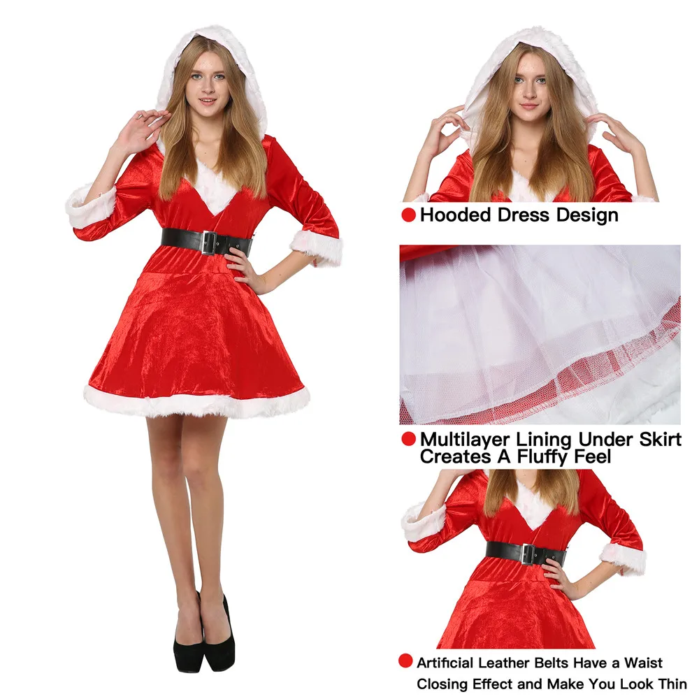 Vestido com capuz de natal feminino ano novo sexy sra. santa cosplay traje