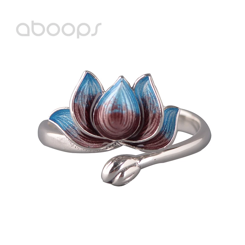 

Vintage 925 Sterling Silver Enamel Lotus Ring for Women Girls Adjustable Size 6-8,Free Shipping