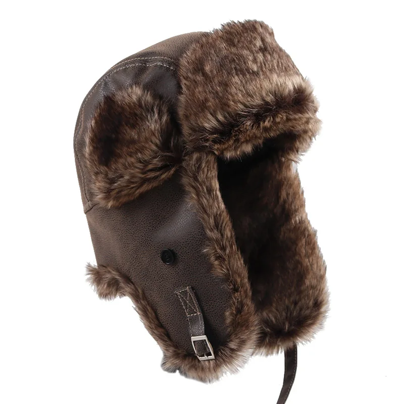 

New Winter Faux Fur Leather Bomber Hats Men 2024 Autumn Warm Russian Ushanka Hat With Ear Flap Trapper Snow Pilot Cap Earflap